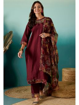 KVS FAB - Women Viscose Rayon Embroidered Maroon Kurta with Pant and Dupatta