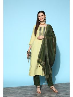 KVS FAB - Women Cotton Green Embroidered Kurta with Pant and Dupatta