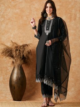 KVS FAB - Women Cotton Embroidered Black Kurta with Pant and Dupatta