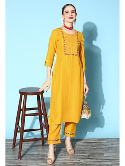 KVS FAB - Women Cotton Embroidered Yellow Kurta with Pant