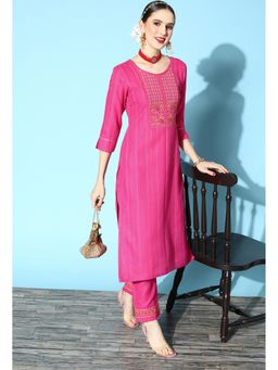 KVS FAB - Women Cotton Embroidered Pink Kurta with Pant