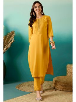 KVS FAB - Women Crepe Embroidered Yellow Kurta with Pant