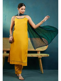 KVS FAB - Women Cotton Embroidered Mustard Kurta with Pant and Dupatta