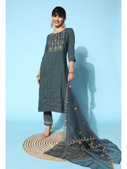 KVS FAB - Women Chinon Embroidered Grey Kurta with Pant and Dupatta