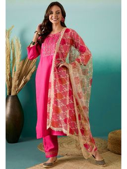 KVS FAB - Women Silk Blend Embroidered Pink Kurta with Pant and Dupatta