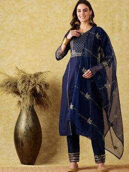 KVS FAB - Women Silk Blend Embroidered Blue Kurta with Pant and Dupatta