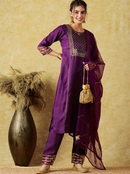 KVS FAB - Women Silk Blend Embroidered Wine Kurta with Pant and Dupatta