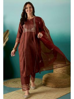 KVS FAB - Women Silk Blend Embroidered Rust Kurta with Pant and Dupatta