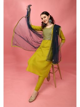 KVS FAB - Women Cotton Embroidered Green Kurta with Pant and Dupatta