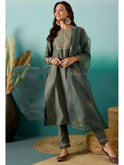KVS FAB - Women Silk Blend Embroidered Olive Kurta with Pant and Dupatta