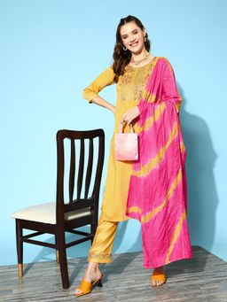 KVS FAB - Women Silk Blend Embroidered Yellow Kurta with Pant and Dupatta