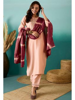 KVS FAB - Women Silk Blend Embroidered Peach Kurta with Pant and Dupatta