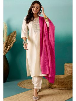 KVS FAB - Women Silk Blend Embroidery Off White Kurta with Pant and Dupatta