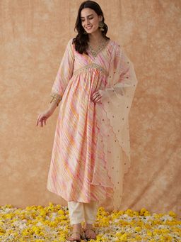 KVS FAB - Women Silk Blend Printed Multi-Color Kurta with Pant and Dupatta