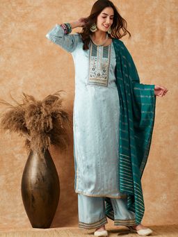 KVS FAB - Women Silk Blend Embroidered Blue Kurta with Palazzo and Dupatta