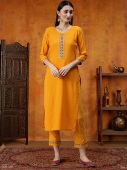 KVS FAB - Women Crepe Embroidered Orange Kurta with Pant