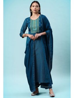 KVS FAB - Women Viscose Rayon Embroidered Teal Kurta with Pant and Dupatta