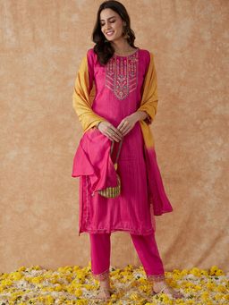 KVS FAB - Women Chinon Embroidered Pink Kurta with Pant and Dupatta