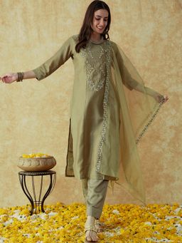 KVS FAB - Women Silk Embroidered Green Kurta with Pant and Dupatta