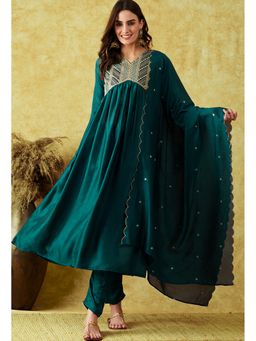 KVS FAB - Women Silk Blend Embroidered Green Kurta with Pant and Dupatta