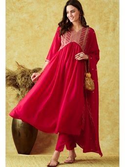 KVS FAB - Women Silk Blend Embroidered Pink Kurta with Pant and Dupatta