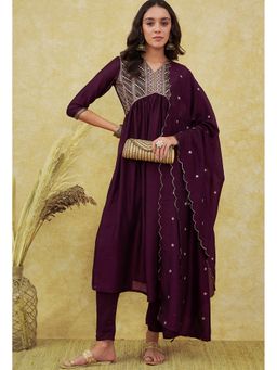 KVS FAB - Women Silk Blend Embroidery Wine Kurta with Pant and Dupatta