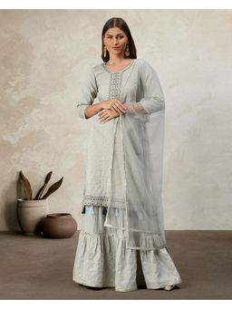 KVS FAB - Women Chiffon Embroidered Grey Kurta with Sharara and Dupatta