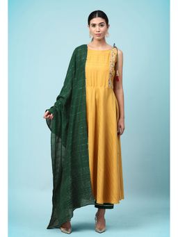 KVS FAB - Women Cotton Embroidered Yellow Kurta with Pant and Dupatta