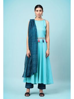 KVS FAB - Women Cotton Embroidered Blue Kurta with Pant and Dupatta