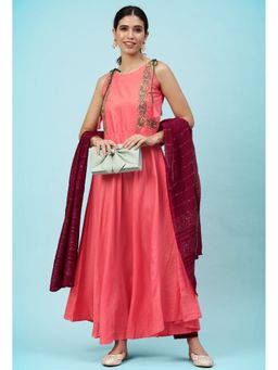 KVS FAB - Women Cotton Embroidered Peach Kurta with Pant and Dupatta
