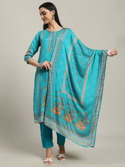 MEENA BAZAAR - Floral Printed Blue Muslin Kurta with Pant and Dupatta