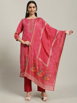 MEENA BAZAAR - Floral Printed Pink Muslin Kurta with Pant and Dupatta