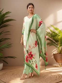 MEENA BAZAAR - Printed Green Crepe Kurta with Pant and Dupatta