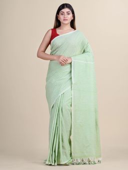 LAA CALCUTTA - Pista Green & White Cotton Silk Hand Printed Saree With Unstitched Blouse