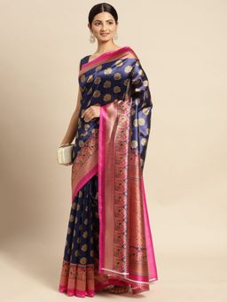 Sangam Prints - Navy Blue Art Silk Printed Traditional Saree with Unstitched Blouse