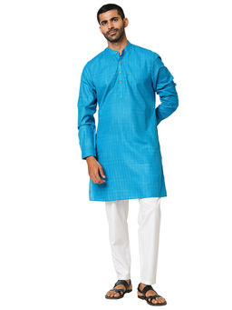Indivisual - Mens Ikat Peacock Blue Kurta
