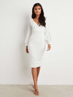 Styli - White V Neck Bodycon Knee Length Dress With Long Sleeves