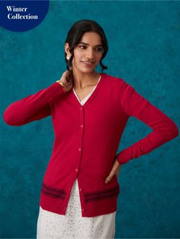 Likha - Fuchsia Woollen Acrylic Jacquard Winter Cardigan LIKCAR02