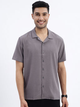 SHOWOFF - Grey Textured Cuban Collar Relaxed Fit Shirt