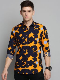 SHOWOFF - Mens Spread Collar Navy Blue Colourblocked Shirt