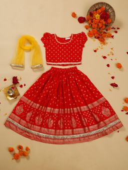 SAKA DESIGNS - Golden Foil Printed Rayon Red Lehenga Choli with Dupatta (Set of 3)
