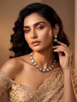ADIVA - Rhodium Plated Gold-Toned Kundan Geometric Necklace & Earrings