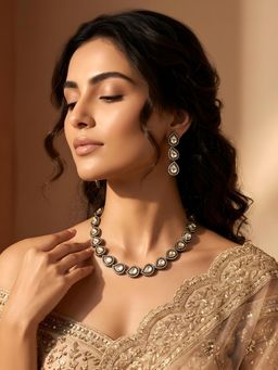 ADIVA - Rhodium Plated Gold-Toned Kundan Teardrop Stone Necklace & Earrings