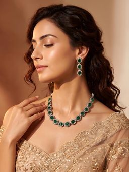 ADIVA - Rhodium Plated Green Oval Stone Studded Necklace & Earrings Jewellery Set