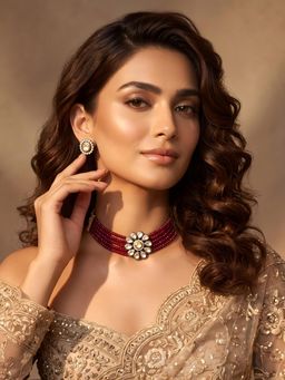 ADIVA - Rhodium Plated Maroon Multi-Strand Beaded Kundan Choker Necklace & Earrings