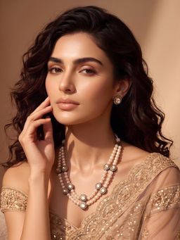 ADIVA - Rhodium Plated Gold-Toned Kundan Pearl Double Layered Necklace & Earrings
