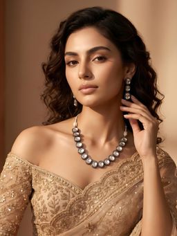 ADIVA - Rhodium Plated Oval Kundan Stone Necklace & Earrings