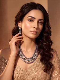 ADIVA - Rhodium Plated Pearl Multi-Strand Kundan and Green Stone Necklace & Earrings