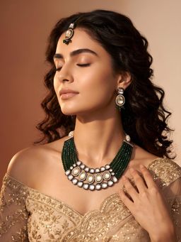 ADIVA - Rhodium Plated Kundan Green Multi-Strand Beaded Necklace With Earrings & Maangtika