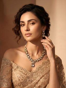 ADIVA - Rhodium Plated Gold-Toned Kundan Multi-Shape Pendant Necklace & Earrings